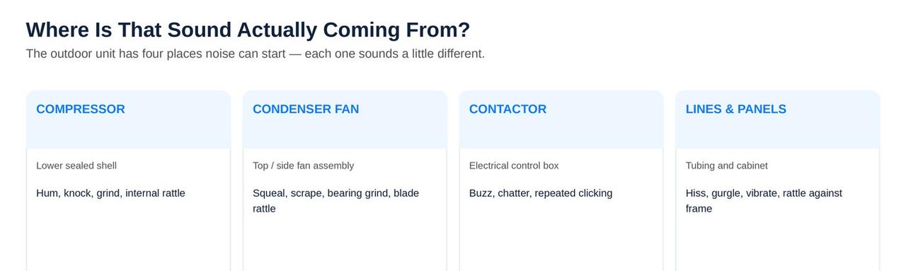 Where AC noise comes from: compressor, condenser fan, contactor, or lines and panels