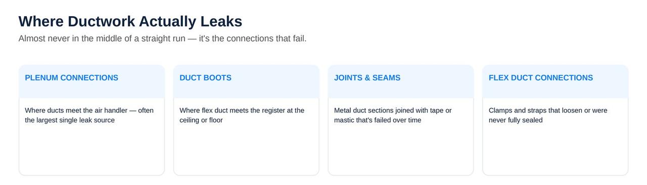 Where ductwork actually leaks: plenum connections, duct boots, joints, flex duct connections