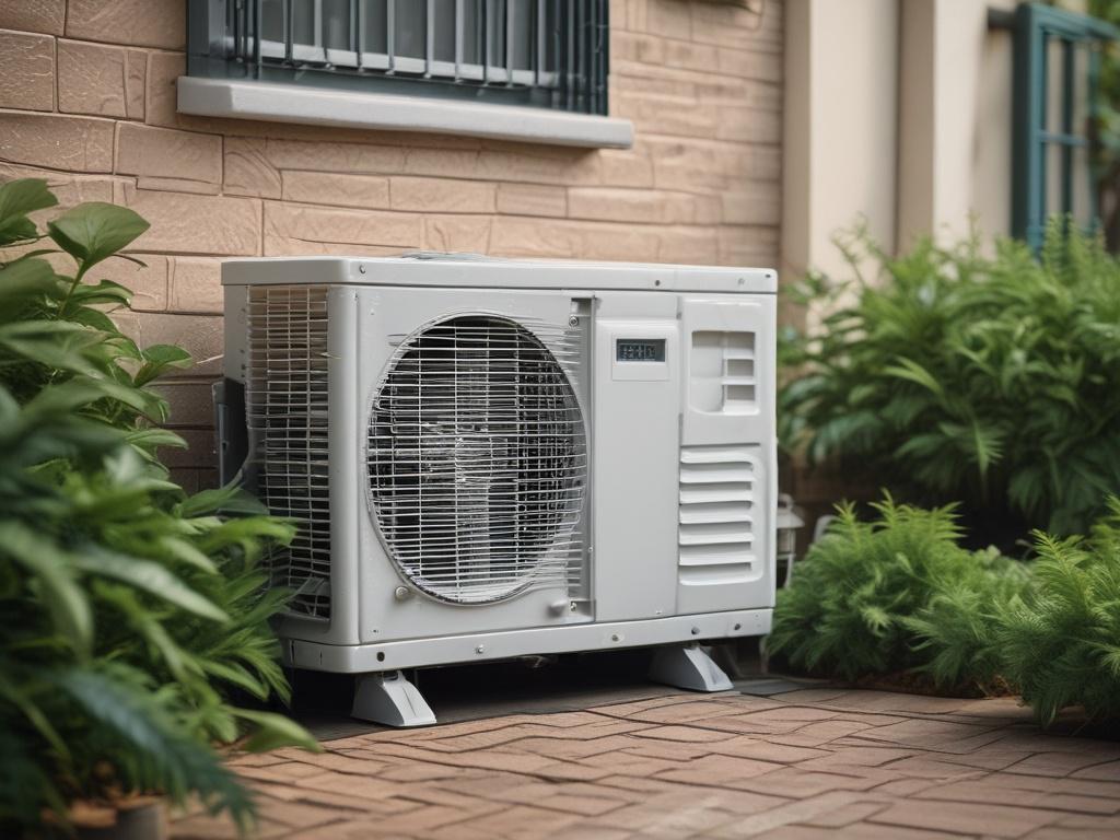 A high-efficiency air conditioner unit installed outside a home, showing intricate details and sleek design. The background features a well-maintained garden with vibrant green plants and a clear blue sky, enhancing the focus on the air conditioning unit. The image should be hyper-realistic, with a close-up shot that captures the unit's texture and finish, shot with a 45mm f/1.2 lens.