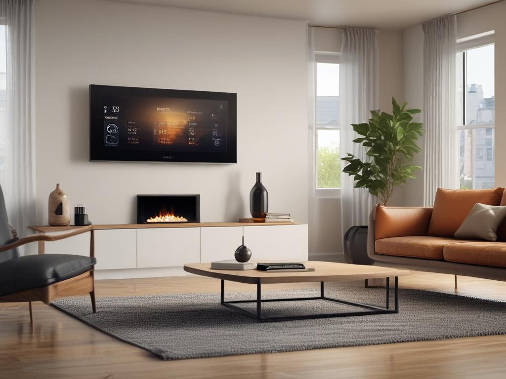 A smart thermostat mounted on a stylish wall, displaying an easy-to-read screen with temperature settings. The background features a modern living room setup, emphasizing a blend of technology and comfort. The image should be hyper-realistic, focused on the thermostat with a close-up shot, captured with a 45mm f/1.2 lens.