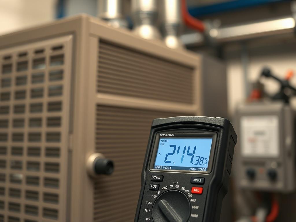 **AI Image Generation Prompt:**

Create a hyper-realistic, high-resolution image that encapsulates the essence of HVAC control systems, particularly focusing on the importance of 24 volts in an HVAC setting. The composition should be simple and clear, emphasizing a single, focal subject: a close-up view of a digital multimeter displaying a reading of 24 volts, with the measurement lead connected to a transformer. 

The multimeter should be positioned prominently in the foreground, showcasing its display and