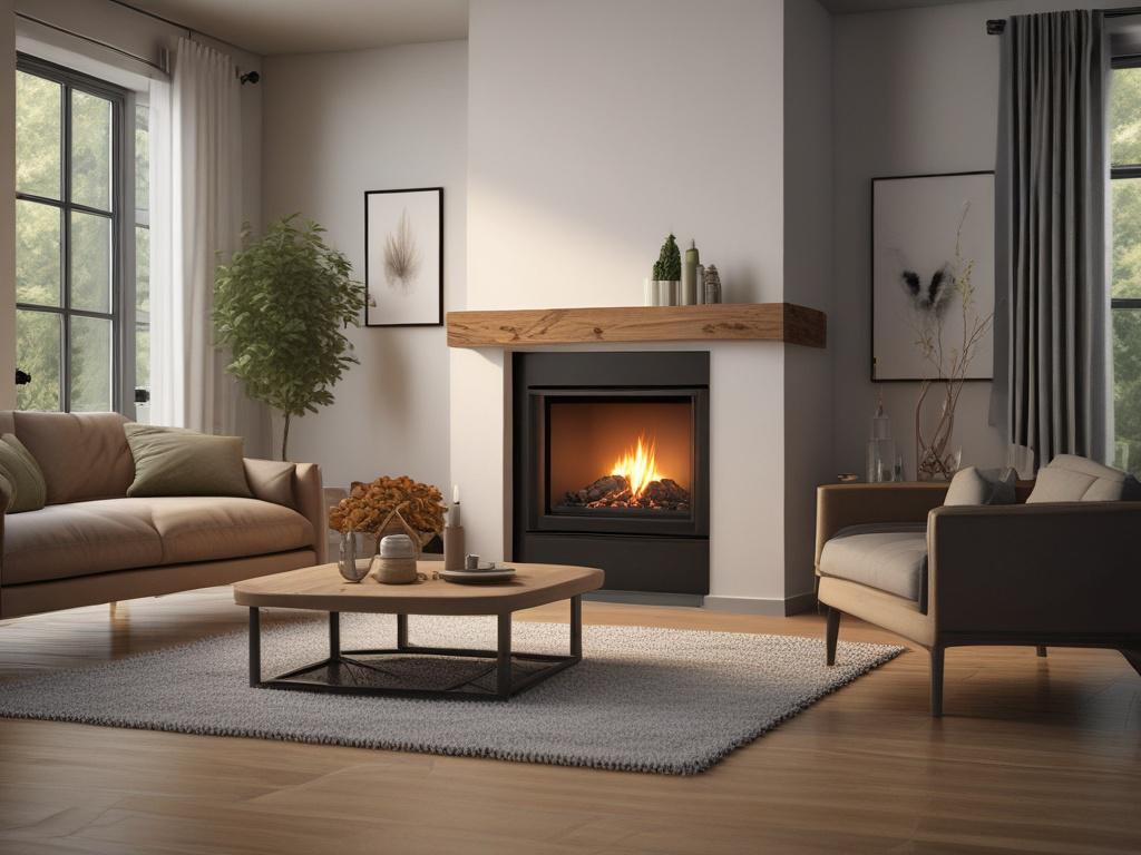 An energy-efficient furnace in a home setting, showcasing its modern design and features. The background includes a cozy living space with soft lighting and inviting decor, highlighting the furnace's integration into the home. The image should be hyper-realistic, focused on the furnace with a close-up shot, captured with a 45mm f/1.2 lens.