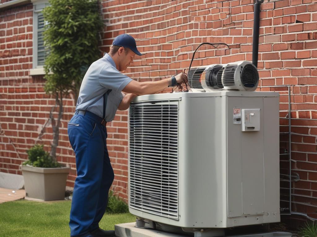 A high-resolution close-up image of a technician repairing an air conditioning unit in a residential backyard. The technician, wearing a uniform, is focused on the task with tools in hand. The background includes a clear blue sky and lush green trees, emphasizing a warm, sunny day. The image should be shot with a 45mm f/1.2 lens style, showcasing the details of the technician and the air conditioning unit clearly.