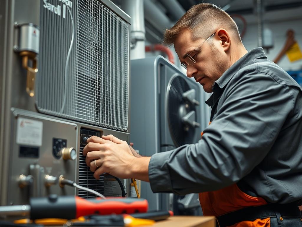 A hyper-realistic close-up shot of a technician performing maintenance on an HVAC system, surrounded by tools and equipment. The setting should be a clean and organized workspace, emphasizing professionalism and care. The image should be captured with a 45mm f/1.2 lens, highlighting the technician's focus and the details of the equipment.