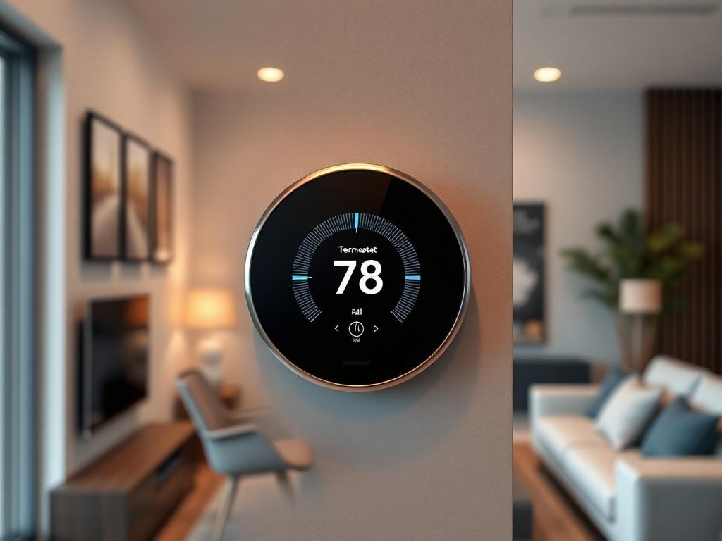 A close-up image of a smart thermostat mounted on a wall in a modern home. The display shows an attractive interface with temperature settings, surrounded by a stylish interior that highlights contemporary living.
