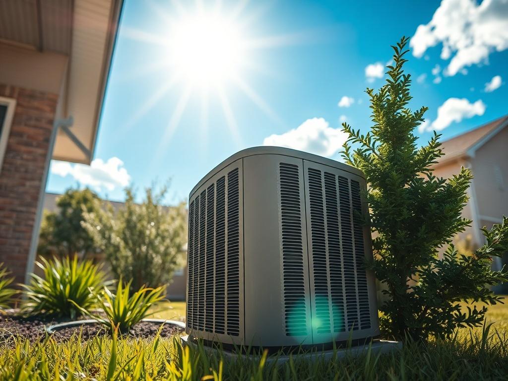 **AI Image Generation Prompt:**

Create a hyper-realistic high-resolution image of a residential central air conditioning unit located outside a home in a suburban Texas setting. The sun shines brightly overhead, emphasizing the extreme heat of a typical summer day, with a vivid blue sky that suggests temperatures above 100°F. The air conditioning unit is clean, with visible fins and coils, showcasing its optimal condition as an example of well-maintained equipment. Surrounding the unit, show well-kept land
