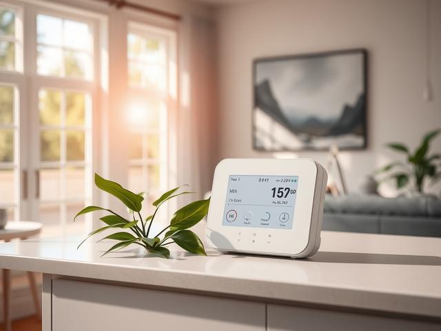 **Prompt for AI Image Generation:**

Create a realistic high-resolution photo capturing a single, close-up shot of a pristine, modern indoor air quality monitor displayed prominently on a clean, minimalist countertop in a stylish Texas home. The device should be sleek and contemporary, featuring a digital display that indicates air quality readings, surrounded by vibrant indoor plants, such as peace lilies or snake plants, which symbolize clean air. 

In the background, subtly showcase a sunlit living room 