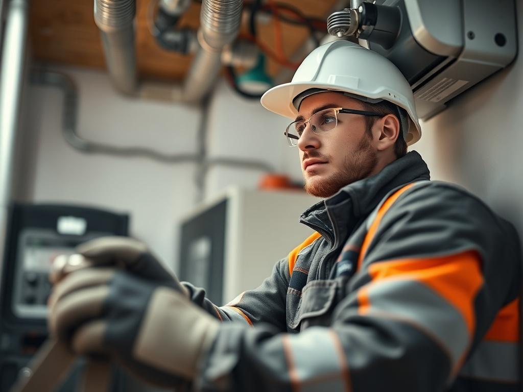A close-up shot of a professional HVAC technician installing a modern heating system in a home. The technician is focused, wearing safety gear, and using high-quality tools. The background features a well-lit, clean room with visible heating equipment. The image is shot with a 45mm f/1.2 lens to create a shallow depth of field, emphasizing the technician and the equipment while softly blurring the background. The overall tone is warm and inviting, reflecting the comfort of a well-heated home.