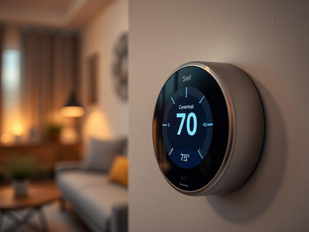 A close-up shot of a modern thermostat displaying a cozy temperature setting, with a warm home interior in the background, showcasing a comfortable living environment, shot with a 45mm f/1.2 lens style.