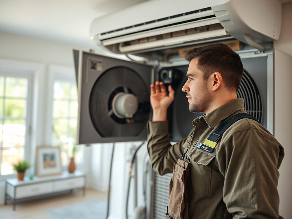 Create a realistic high-resolution photograph featuring a licensed HVAC technician performing a thorough inspection of a residential HVAC system inside a Texas home. Focus on the technician, who is wearing a uniform with a utility belt, examining the internal components of a well-maintained air conditioning unit. Highlight the technician's concentrated expression, conveying professionalism and expertise. 

The background should feature a spacious, clean utility room with subtle elements indicating a typical
