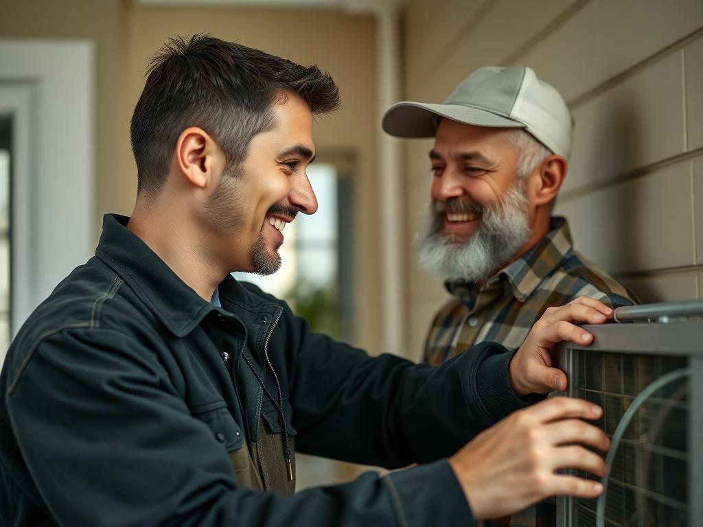 A close-up shot of a friendly HVAC technician assisting a homeowner, showcasing a warm interaction and professional service, with a home setting in the background, shot with a 45mm f/1.2 lens style.
