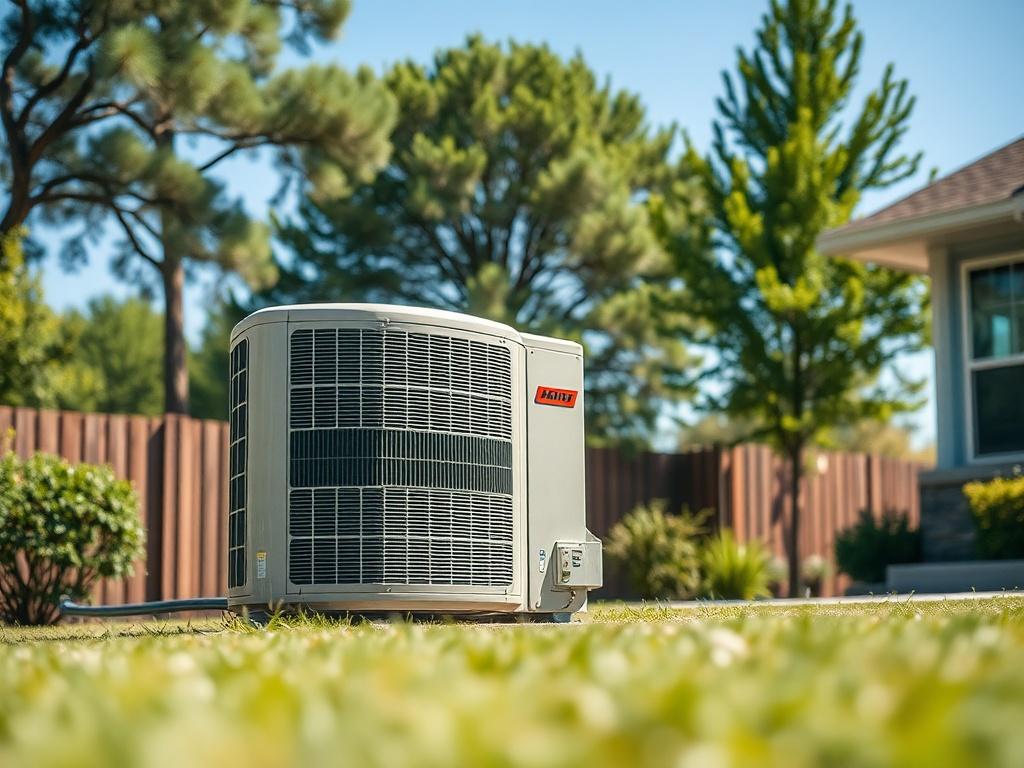 **AI Image Generation Prompt:**

Create a realistic high-resolution photo focusing on a single, modern residential air conditioning unit installed in the yard of a well-maintained home in Conroe, TX. The air conditioning unit should appear clean and in good condition, showing its importance in the home’s HVAC system. The background should feature a lush, green landscape typical of suburban Conroe, with tall trees and bright blue skies to reflect the warm summer climate.

Composition should be simple and cle