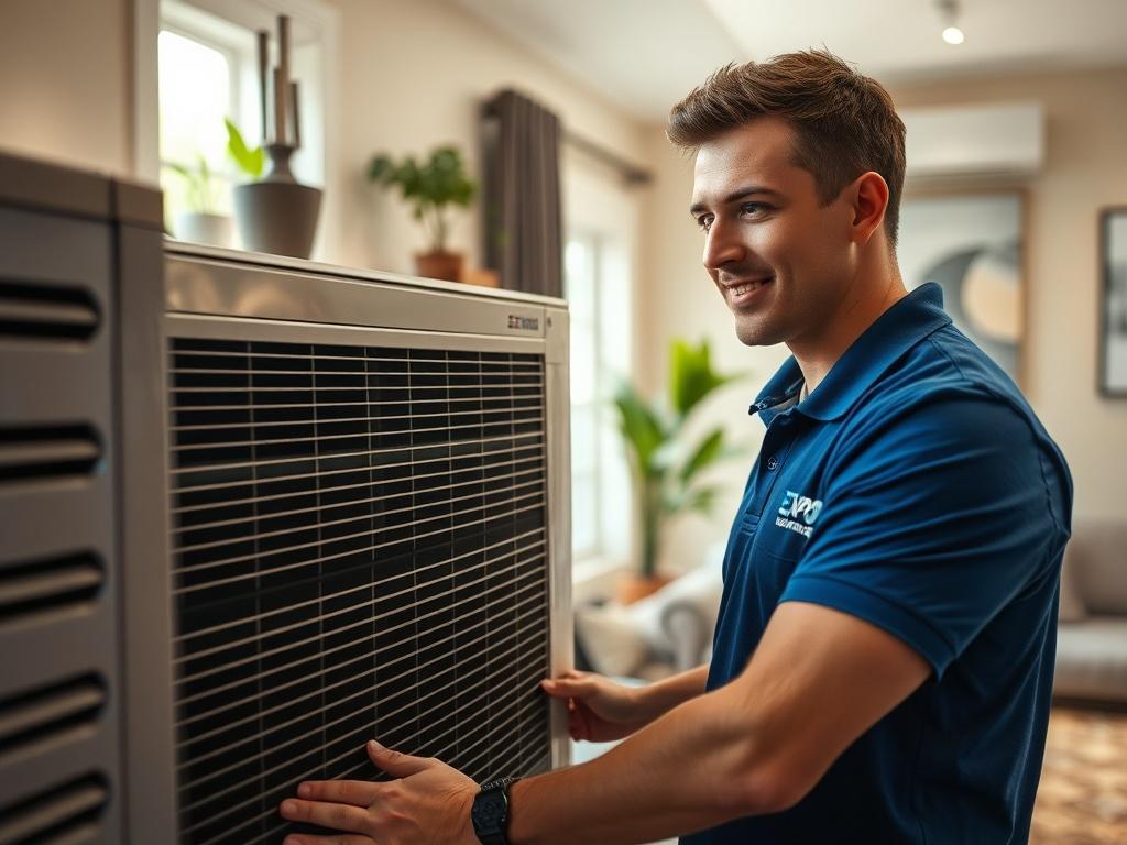Create a highly realistic high-resolution photo that reflects the theme "Choosing the Right HVAC System for Your Home." The composition should be simple and clear, featuring a single subject: a friendly, knowledgeable HVAC technician examining a modern heating and cooling unit in a cozy, well-lit living room. The technician should be in a blue polo shirt with Expo Heating and Cooling Inc branding, showing a professional yet approachable demeanor.

The background should include elements of a comfortable home
