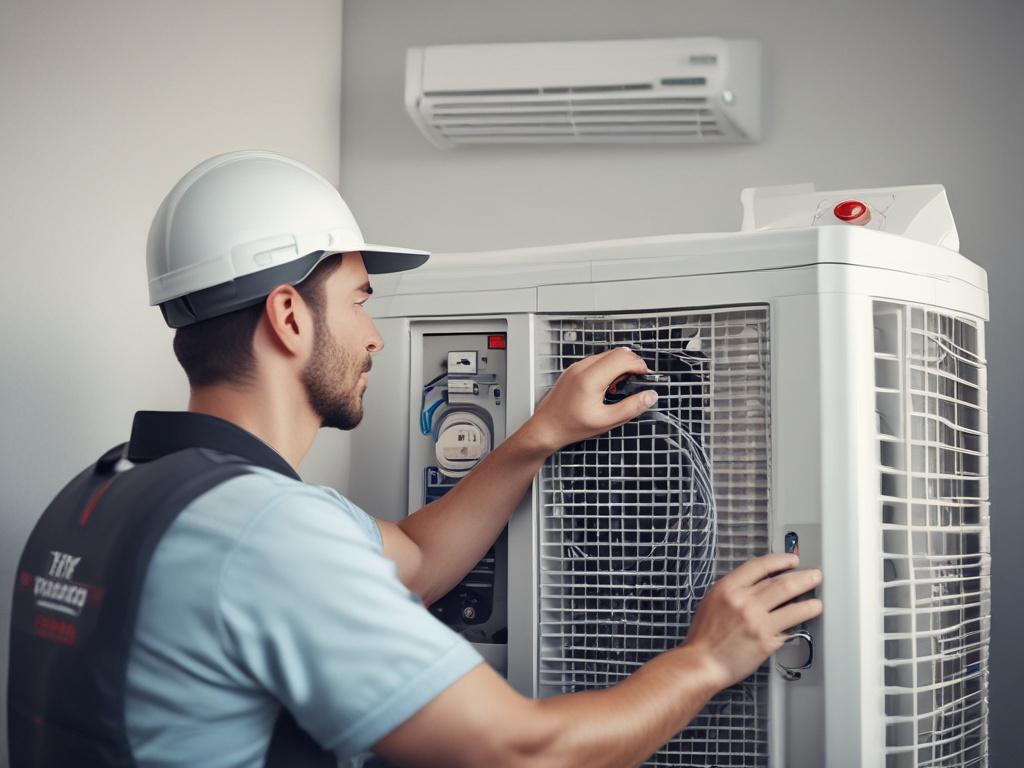 A close-up shot of a certified technician working on an air conditioning unit in a clean and well-lit home environment. The technician is wearing a uniform with company branding, displaying a focused expression while examining the AC unit. The background features a well-maintained interior with soft natural lighting, emphasizing professionalism and expertise. The colors should complement the primary color rgb(2, 86, 197), creating a harmonious and appealing visual.