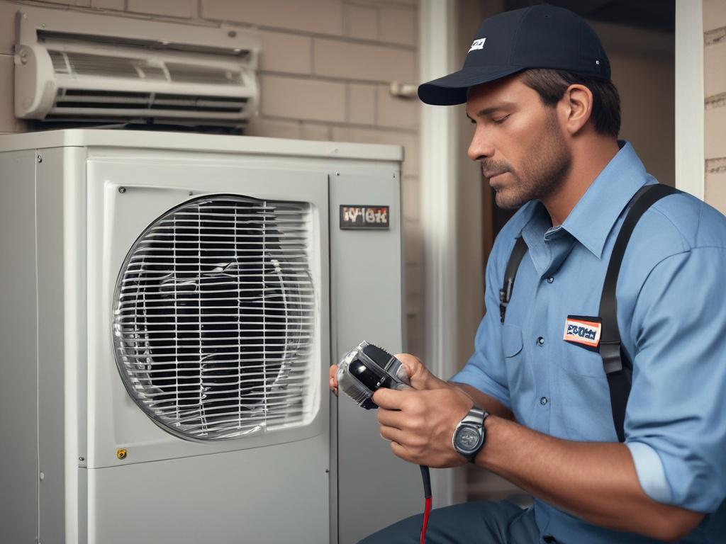A hyper-realistic close-up shot of a professional HVAC technician inspecting an air conditioning unit in a modern home setting. The technician, wearing a branded uniform, is focused on the unit with tools in hand. The background features a well-maintained home environment, showcasing a clean and inviting atmosphere. The image captures the professionalism and expertise of the service, with attention to detail and a bright, airy feel, optimized for rgb(2, 86, 197) primary color.