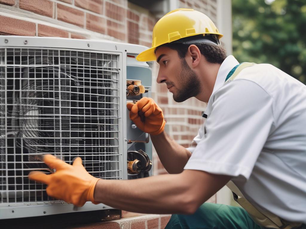 A close-up shot of a professional technician installing an air conditioning unit in a residential setting. The technician is focused and wearing safety gear, ensuring a safe and efficient installation. The background features a well-lit room with a clear view of the air conditioning unit, showcasing its sleek design. Use hyper-realistic rendering with vibrant colors, especially emphasizing the primary color rgb(2, 86, 197) in the technician's uniform or surrounding decor.