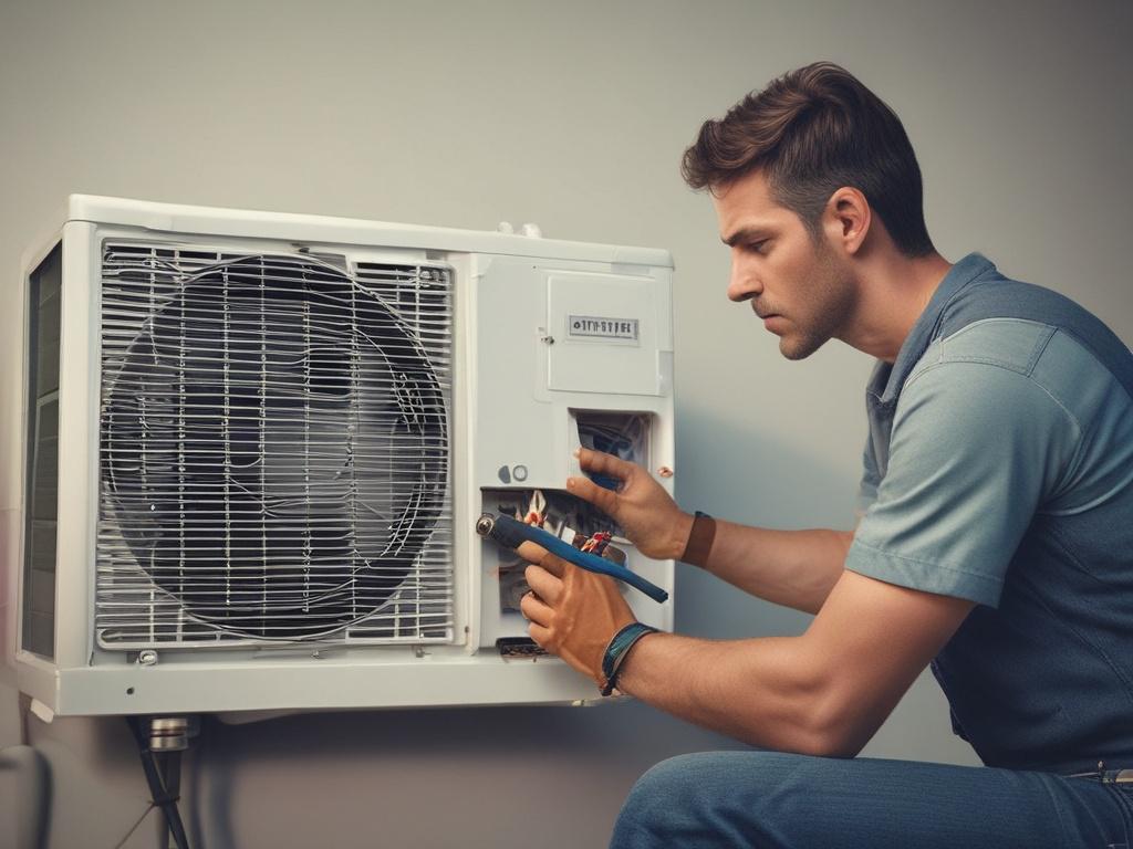 A close-up shot of a licensed technician repairing an air conditioning unit in a residential setting. The technician is focused on the task, with tools in hand, showcasing expertise and professionalism. The background shows a well-maintained home in Memorial Northwest, with green trees and a clear blue sky. The image should capture the essence of quality HVAC service, emphasizing cleanliness and attention to detail, rendered in hyper-realistic style with vibrant colors, particularly highlighting the RGB(2, 