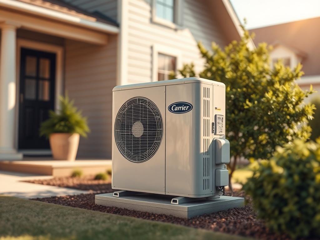 **Prompt for AI Image Generation:**

Create a hyper-realistic, high-resolution photograph featuring a single Carrier Comfort 16 air conditioning unit (model 26SCA5) prominently displayed in a residential setting. The composition should focus entirely on the air conditioner, showcasing its modern design and features. The unit should be positioned outdoors, installed on a concrete slab beside a well-maintained house with subtle landscaping around it, emphasizing a clean and inviting atmosphere.

Ensure the ba