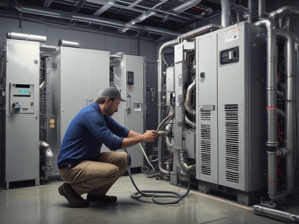 A close-up shot of a technician performing maintenance on an HVAC system in a clean, organized environment. The technician is examining the machinery with tools in hand, showcasing their professionalism. The background should feature the HVAC system clearly, emphasizing its intricate details. Use hyper-realistic rendering with bright lighting, ensuring the primary color rgb(2, 86, 197) is subtly incorporated into the technician's gear or service area.