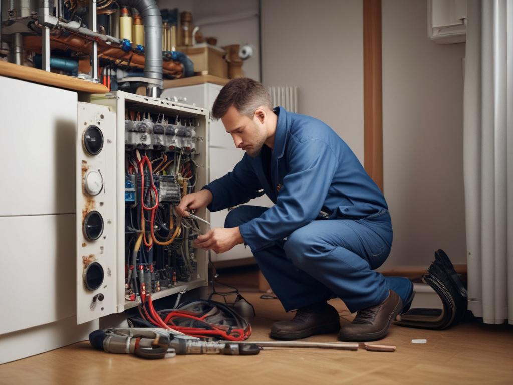 A close-up shot of a technician diagnosing and repairing a heating system in a cozy, well-lit room. The technician is using specialized tools and focused on the equipment, highlighting their expertise. The background should show a glimpse of the heating system with warm colors to evoke a sense of comfort. Ensure the image is hyper-realistic and vibrant, with a focus on the primary color rgb(2, 86, 197) in the technician's tools or clothing.