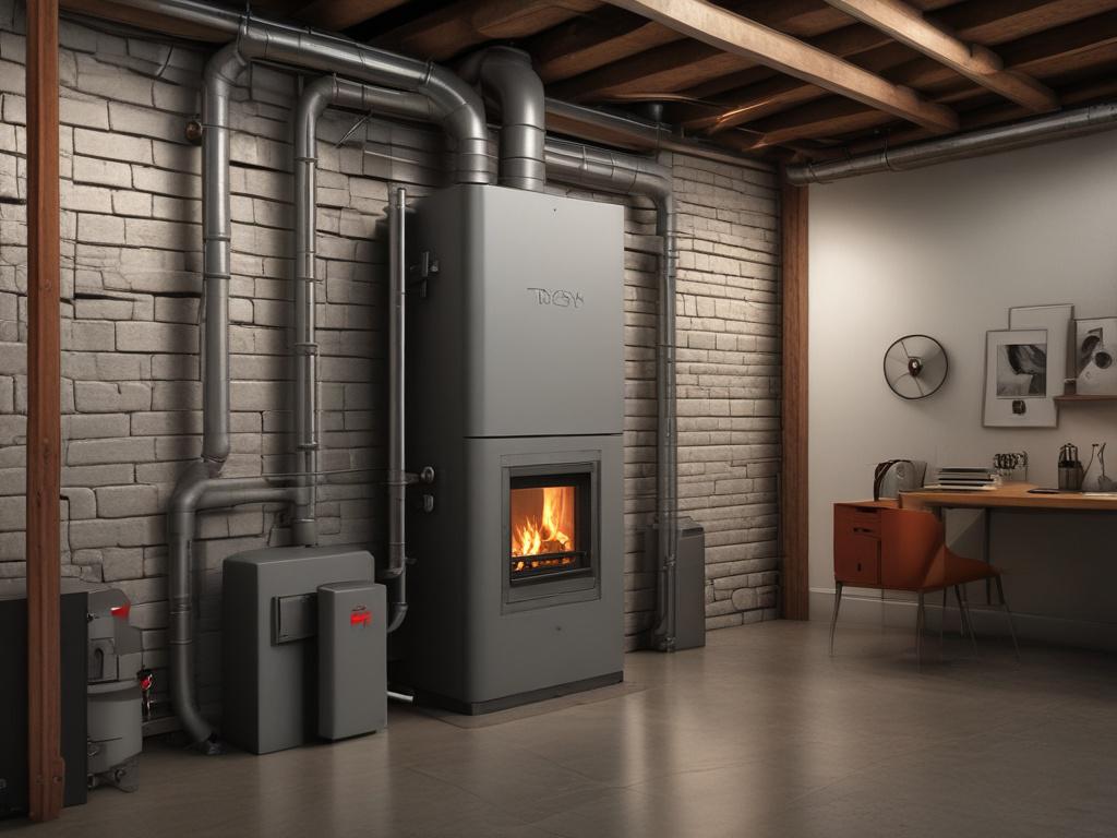 A high-resolution close-up of a modern high-efficiency furnace installed in a basement. The image should focus on the furnace's sleek design, controls, and venting system against a clean backdrop. Capture the sturdy construction and advanced features that highlight its efficiency, rendered in hyper-realistic detail to convey warmth and reliability.