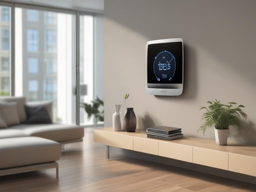 A close-up shot of a modern smart thermostat mounted on a wall in a stylish living room. The image should showcase the sleek touchscreen interface, displaying temperature settings and home status. The background should be softly blurred to emphasize the thermostat, capturing the essence of modern home automation in hyper-realistic detail.