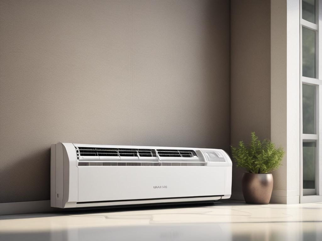 A close-up shot of a modern energy-efficient air conditioner unit installed in a residential setting. The focus is on the sleek design, highlighting the unit's features with a clean background. The image should capture the essence of a comfortable home environment, showcasing the air conditioner's cooling outlet and control panel, all rendered in hyper-realistic detail with a depth of field effect.