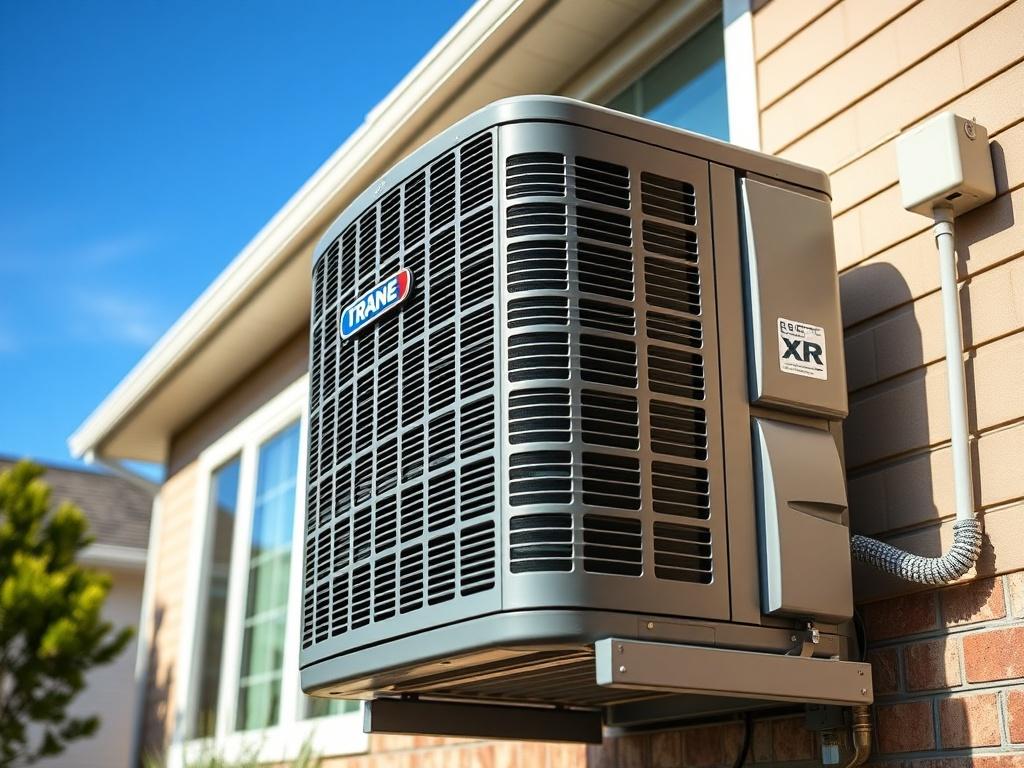 A close-up shot of a Trane XR Series Air Conditioner unit installed outside a modern home, with clear blue skies in the background. The focus is on the sleek design of the air conditioning unit, showcasing its energy-efficient features and branding. The surrounding environment is clean and well-maintained, highlighting the unit's integration into the home landscape.