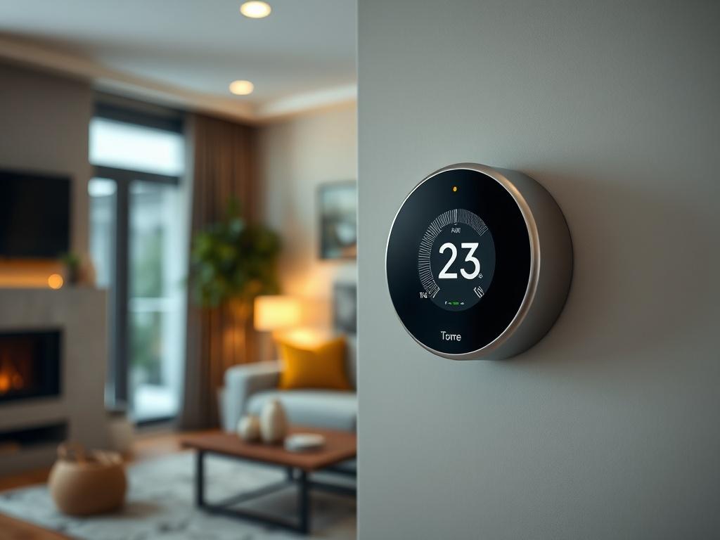 A close-up shot of a modern Smart Thermostat mounted on a wall in a stylish living room, showcasing its sleek design and digital display. The background features cozy home decor, emphasizing the integration of technology in everyday life. The image highlights the thermostat's user-friendly interface and Wi-Fi connectivity feature.