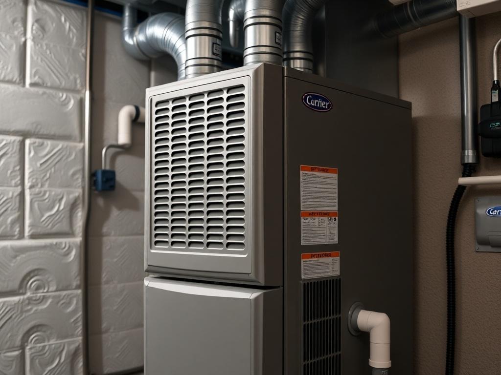 A close-up shot of a Carrier Infinity 96 Gas Furnace installed in a modern basement, highlighting its compact design and sleek features. The background shows a well-organized utility space, emphasizing cleanliness and efficiency. The image captures the essence of reliable heating technology, drawing attention to the furnace's branding and efficiency ratings.