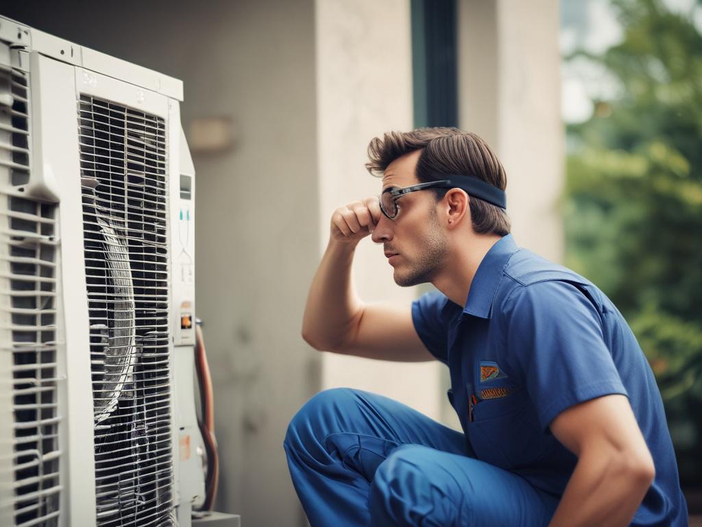A close-up shot of a licensed technician repairing an air conditioning unit in a residential setting. The technician is focused on fixing the unit, wearing a uniform with the logo of Expo Heating and Cooling Inc. The background shows a well-maintained home exterior, with clear blue skies. The image should be hyper-realistic, taken with a 45mm f/1.2 lens style, highlighting the technician’s professionalism and the quality of the work.
