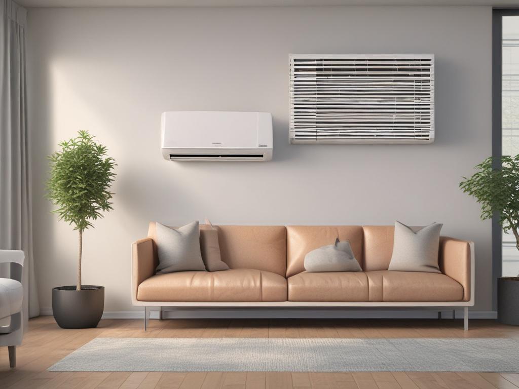 A close-up shot of a sleek, modern energy-efficient air conditioner unit installed in a stylish living room. The setting features a bright and airy atmosphere with natural light flowing in through a window. The focus is on the air conditioner's design, showcasing its smooth lines and contemporary look. The background is softly blurred to emphasize the unit, with a hint of greenery visible outside the window.