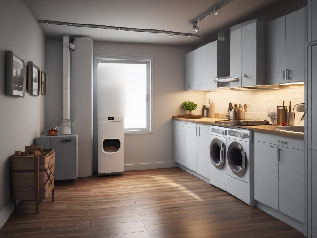 A close-up shot of a high-efficiency furnace in a modern basement utility room. The furnace is sleek and well-designed, showcasing its features with high-quality finishes. The setting is tidy and organized, with tools and maintenance items neatly arranged around it. Soft lighting highlights the furnace, while the background remains slightly blurred to keep the focus on the unit.