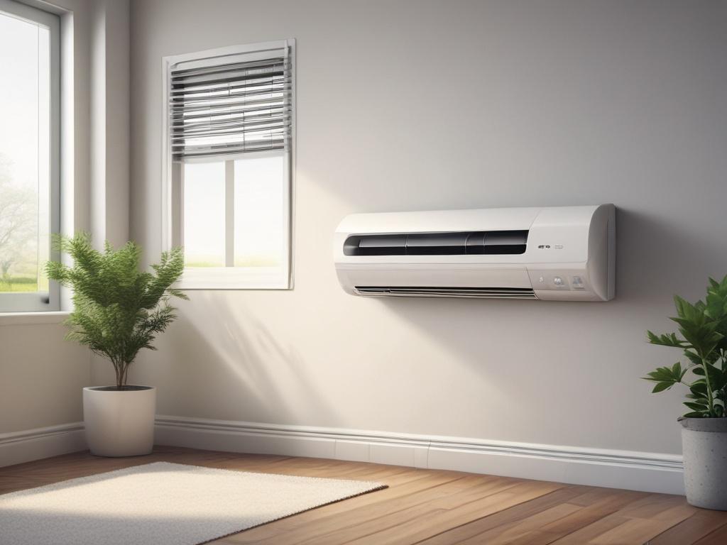 A hyper-realistic close-up shot of a sleek energy-efficient air conditioner unit, showcasing its modern design and user-friendly controls. The background is a softly blurred interior home setting, emphasizing a comfortable and cozy atmosphere. The lighting is warm and inviting, highlighting the air conditioner's features.
