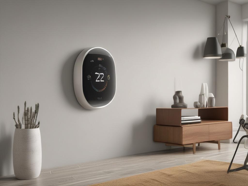 A close-up shot of a modern smart thermostat displayed on a stylish wall in a contemporary living room. The thermostat features a sleek touch screen interface that shows the current temperature and settings. The background is softly blurred, with elegant furnishings and decor that suggest a cozy and high-tech living space.