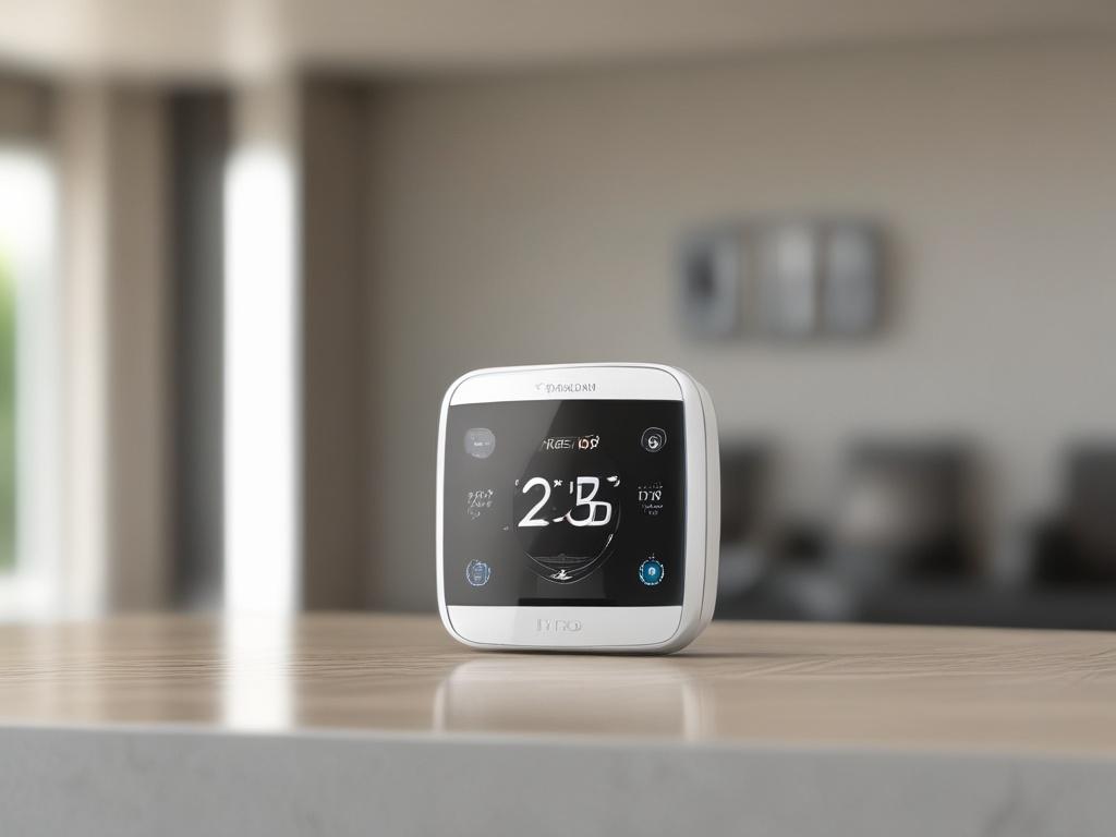 A hyper-realistic close-up shot of a modern smart thermostat displaying its sleek interface. The background is softly blurred, suggesting a stylish home environment, with subtle hints of smart home technology around, emphasizing its integration into contemporary living.