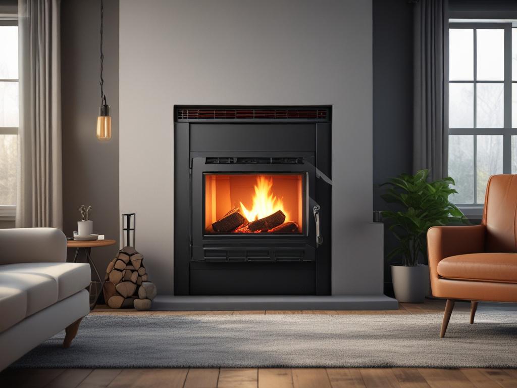 A hyper-realistic close-up shot of a high-efficiency furnace, showcasing its sleek design and advanced technology features. The background should feature a cozy home setting with a soft focus, creating an inviting atmosphere that highlights the furnace's importance in winter comfort.