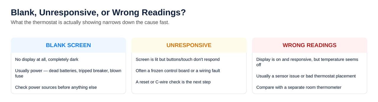 Thermostat blank screen versus unresponsive versus wrong readings comparison