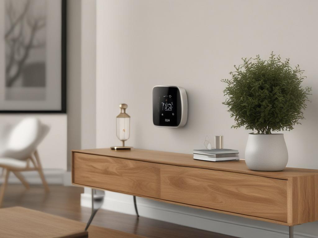 A realistic high-resolution photo of a modern smart thermostat mounted on a wall in a stylish living room. The focus is on the thermostat's sleek design, displaying its digital interface. The background should be softly blurred, with contemporary decor elements that enhance the overall sophistication of the setting.
