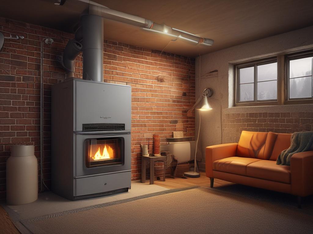 A realistic high-resolution photo of a high-efficiency furnace installed in a basement. The focus is on the furnace, highlighting its modern design and features. The background should be minimally cluttered, with warm lighting that conveys a sense of warmth and safety.