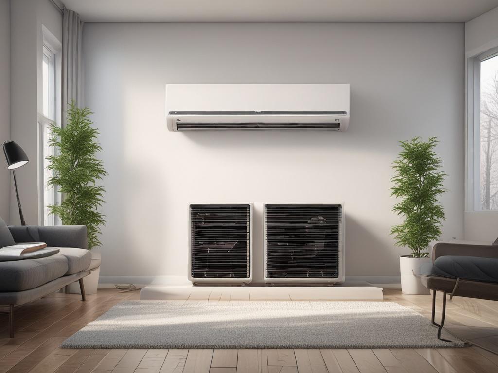 A realistic high-resolution photo of an energy-efficient air conditioner unit installed in a modern living room. The focus is on the air conditioner, showcasing its sleek design and features. The background should be softly blurred to emphasize the unit, with warm, inviting lighting that conveys a sense of comfort.