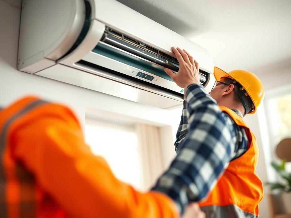 A close-up shot of a licensed technician expertly installing a modern air conditioning unit in a residential setting. The technician is focused and wearing safety gear, showcasing professionalism. The background features a well-lit, clean home interior with soft natural light filtering in, highlighting the air conditioning unit's sleek design. The overall color scheme should include the primary color rgb(2, 86, 197), enhancing the image's appeal.