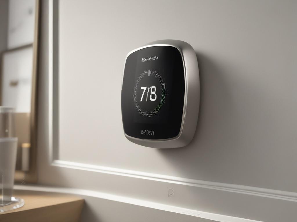 A hyper-realistic close-up of a smart thermostat, showcasing its sleek touchscreen display and modern design. The background should be a soft, blurred indoor setting that highlights the thermostat's advanced features. The image should convey innovation and convenience, captured with a 45mm f/1.2 lens.