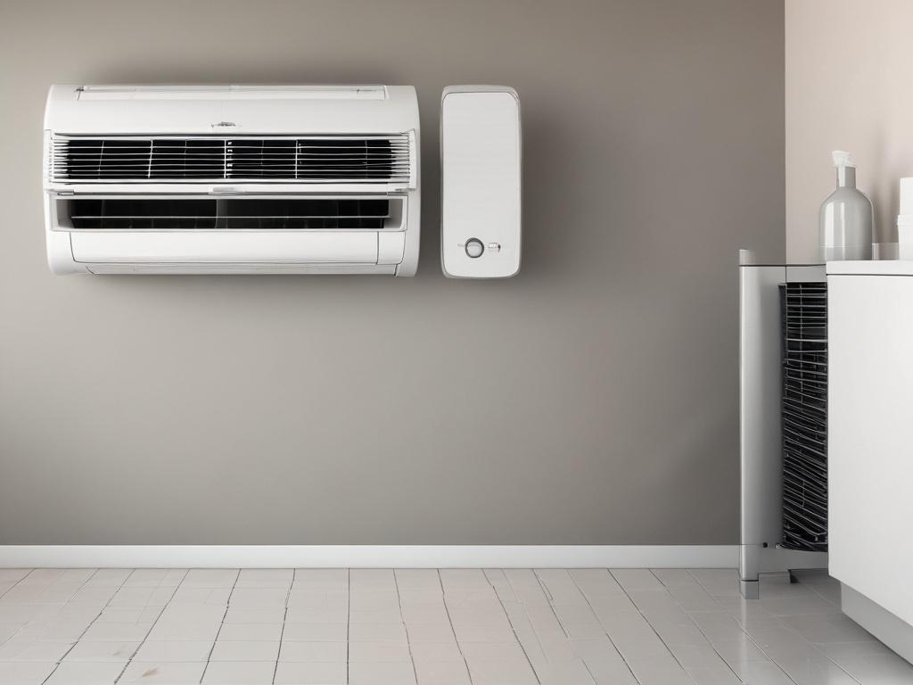 A hyper-realistic close-up of a high-efficiency air conditioner unit, showcasing its sleek design and advanced features. The background should be a soft, blurred indoor setting that emphasizes the air conditioner's modern aesthetic. The image should convey a sense of comfort and reliability, captured with a 45mm f/1.2 lens.