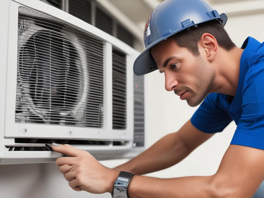 A close-up shot of a skilled HVAC technician diagnosing an air conditioning unit in a residential setting. The technician is wearing a uniform with the Expo Heating and Cooling Inc. logo, holding a diagnostic tool. The background shows a well-maintained outdoor condenser unit with green landscaping. The lighting is bright, emphasizing the technician's focused expression and the equipment. The image is captured with a 45mm f/1.2 lens style, ensuring a hyper-realistic appearance that highlights the profession