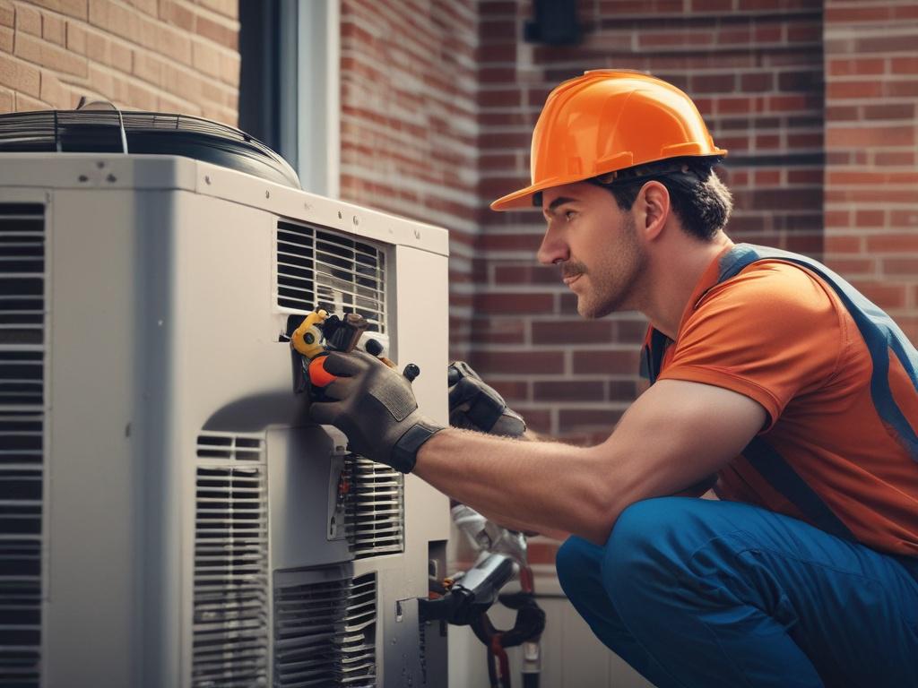 A close-up shot of a professional HVAC technician repairing an air conditioning unit in a residential setting. The technician is focused, wearing a uniform, and using tools to fix the AC. The background features a well-maintained home environment, with greenery around, and the image has a shallow depth of field to highlight the technician's work. The overall tone should convey professionalism and reliability, with colors that complement the primary color rgb(2, 86, 197).