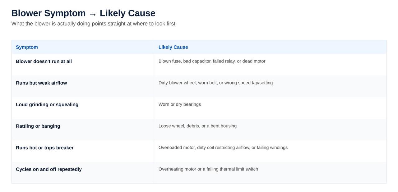 Blower motor symptom to likely cause quick reference table
