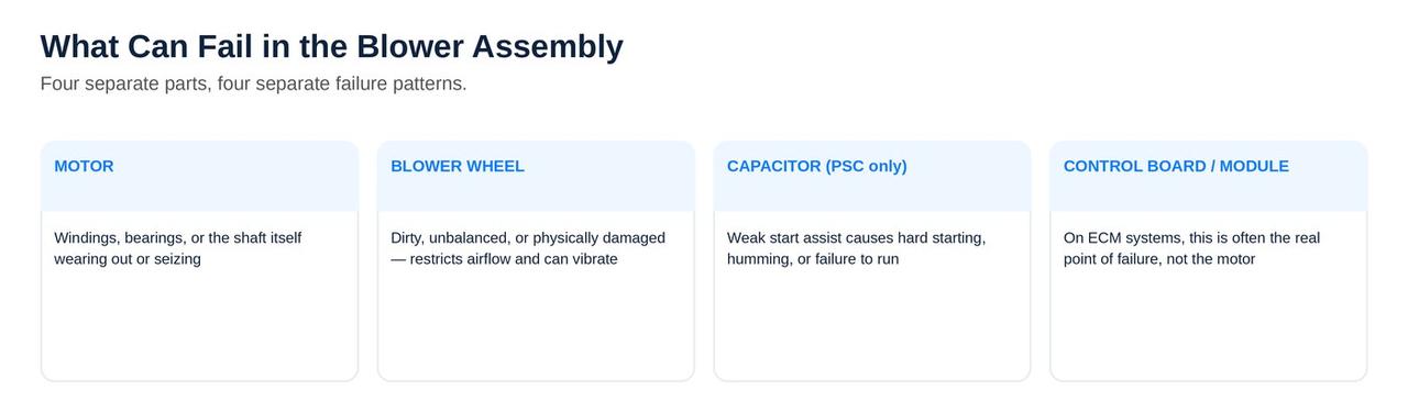 What can fail in a blower assembly: motor, wheel, capacitor, control module