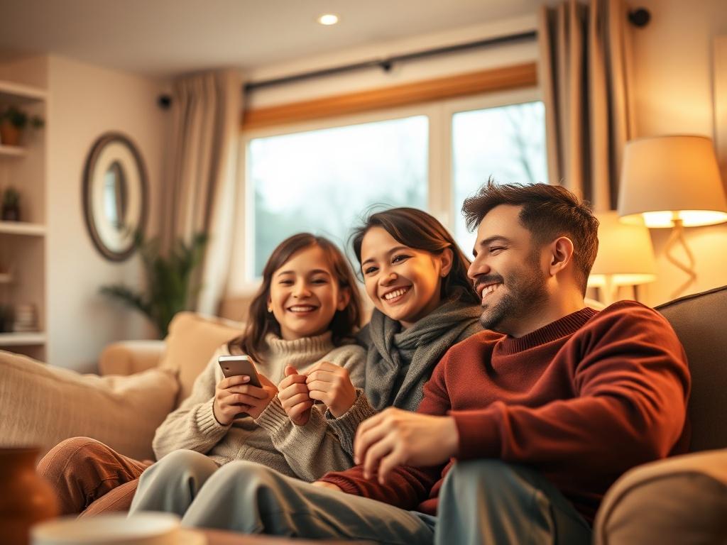 A close-up shot of a happy family in their cozy living room, enjoying comfortable temperatures while sitting together on a couch. Warm colors should dominate the scene, reflecting a sense of home and comfort. The image should be captured with a 45mm f/1.2 lens, highlighting the family's relaxed expressions.