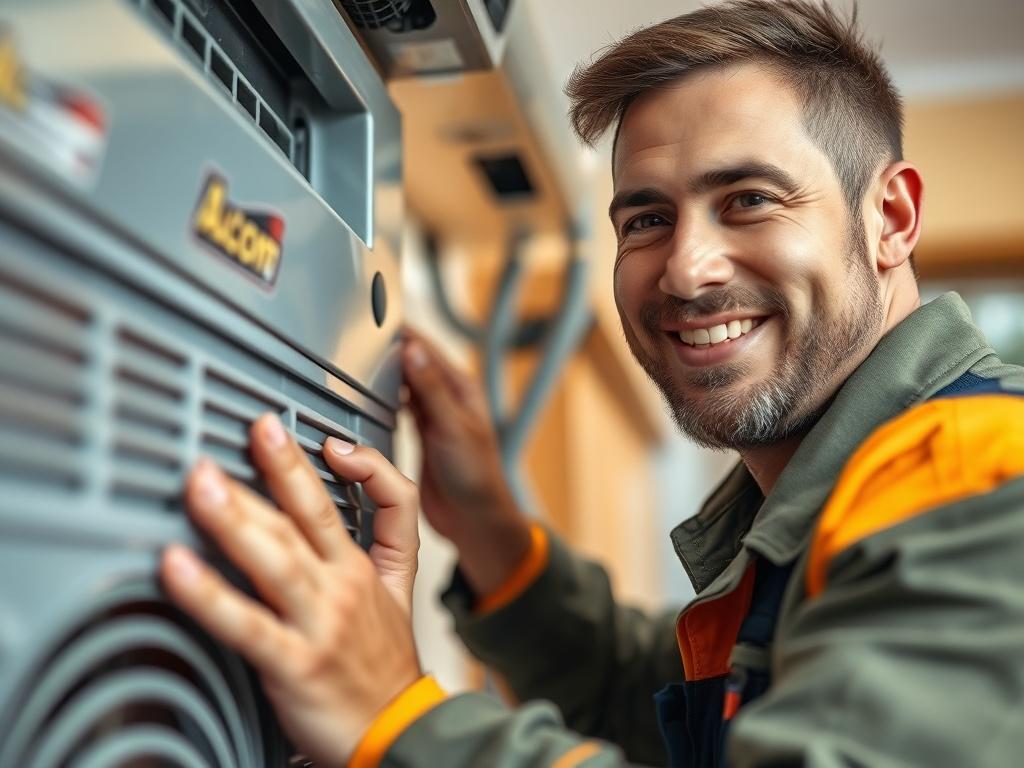 A close-up shot of a smiling technician working on an HVAC unit, showcasing attention to detail and professionalism. The background should be a well-maintained home environment, emphasizing warmth and comfort. The colors should be vibrant and inviting, with a focus on the technician's focused expression, captured with a 45mm f/1.2 lens.
